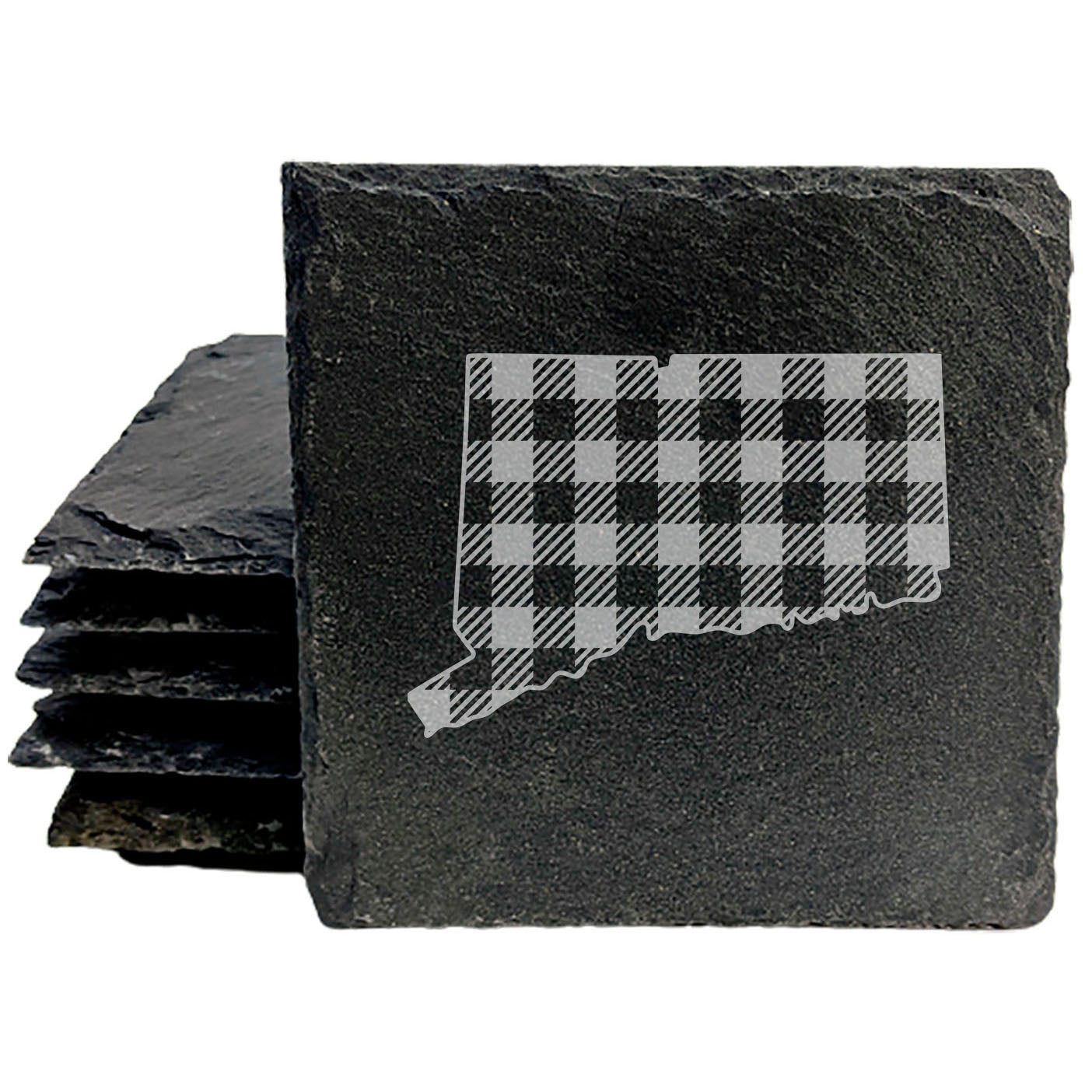 Rustic Slate Coasters Set of 4, Round 4" with Connecticut Plaid Design, Laser Etched, Perfect for Holidays, Birthdays, Housewarming, She-Shed, Man Cave, Made in Oregon, USA,