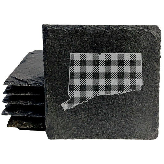 Rustic Slate Coasters Set of 4, Round 4" with Connecticut Plaid Design, Laser Etched, Perfect for Holidays, Birthdays, Housewarming, She-Shed, Man Cave, Made in Oregon, USA,