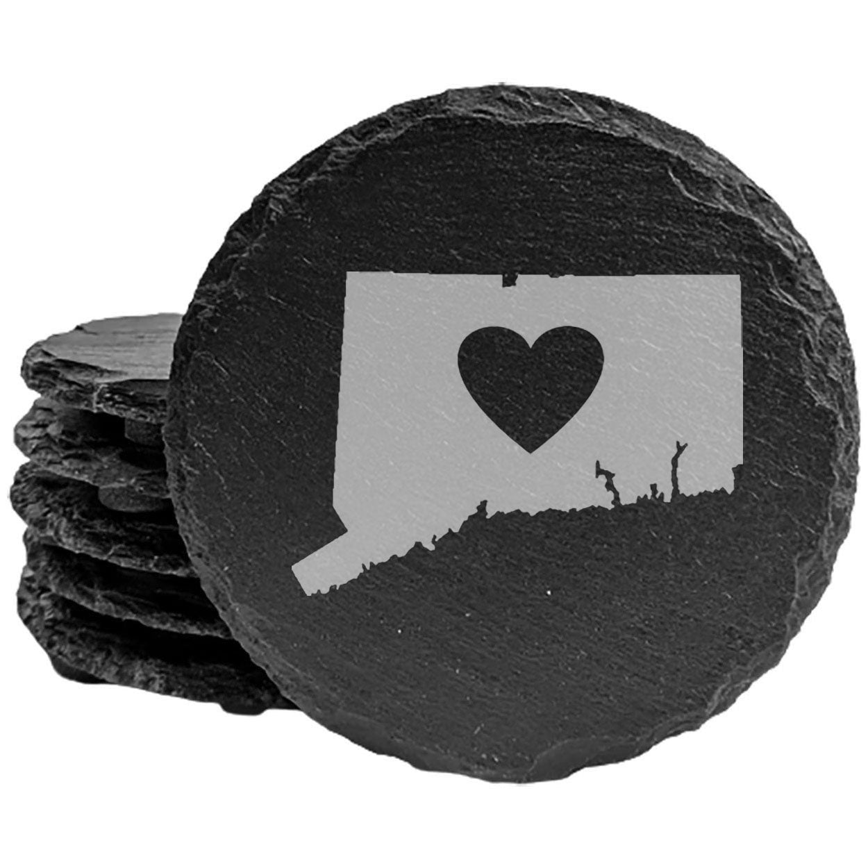 Rustic Slate Coasters Set of 4, Laser Etched Connecticut Design, Perfect for Holidays, Birthdays, Housewarming Gifts, 4" Round, Natural Chipped Edge, Made in Oregon, USA, Small Business Charm