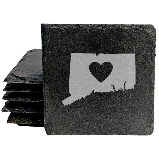 Rustic Slate Coasters Set of 4, Laser Etched Connecticut Design, Perfect for Holidays, Birthdays, Housewarming Gifts, 4" Round, Natural Chipped Edge, Made in Oregon, USA, Small Business Charm