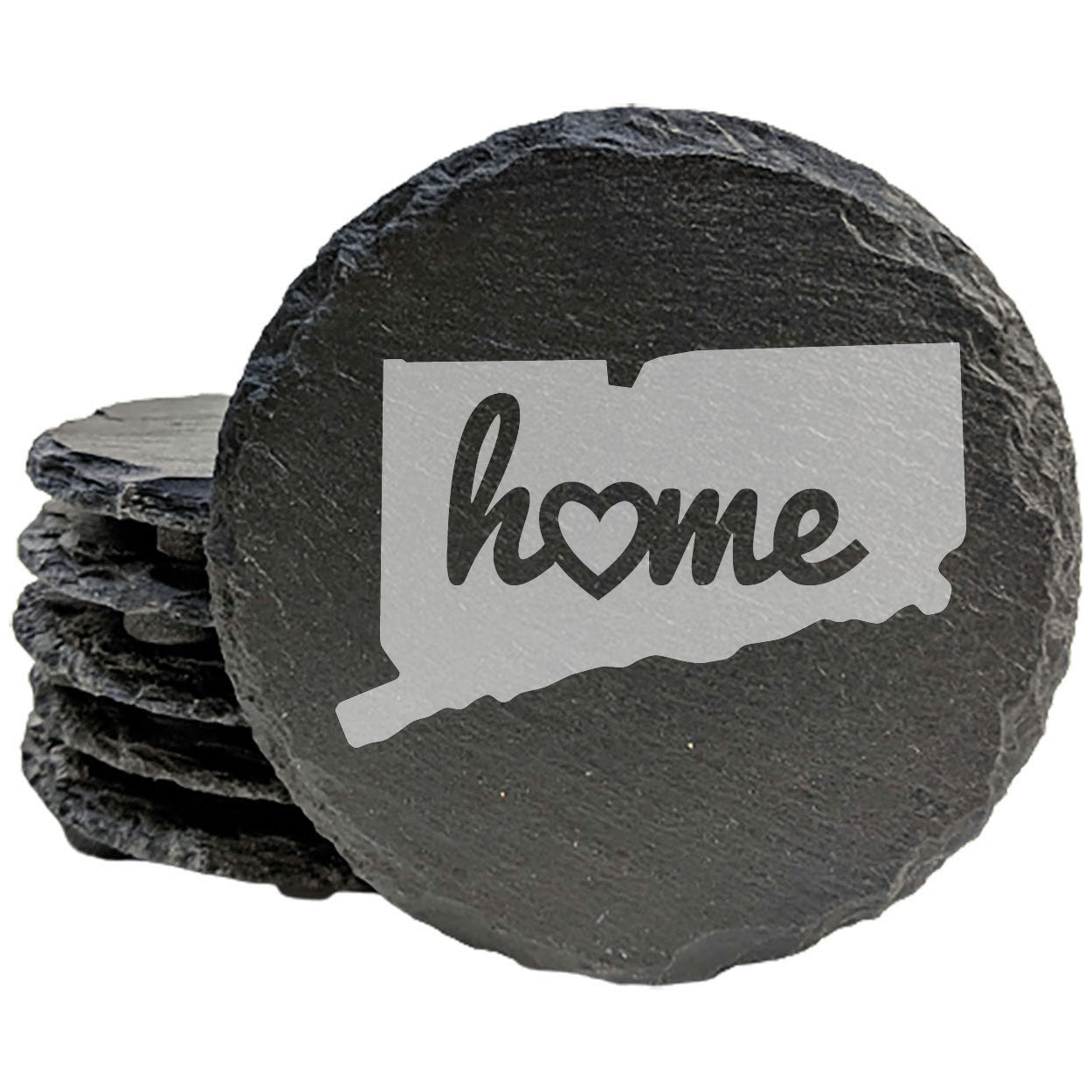 Rustic Slate Coasters Set of 4, Round 4" with Connecticut 'Home' Heart Design, Perfect for Holidays, Birthdays, Housewarming Gifts, She-Shed or Man Cave, Made in Oregon, USA, Natural Chipped Edge