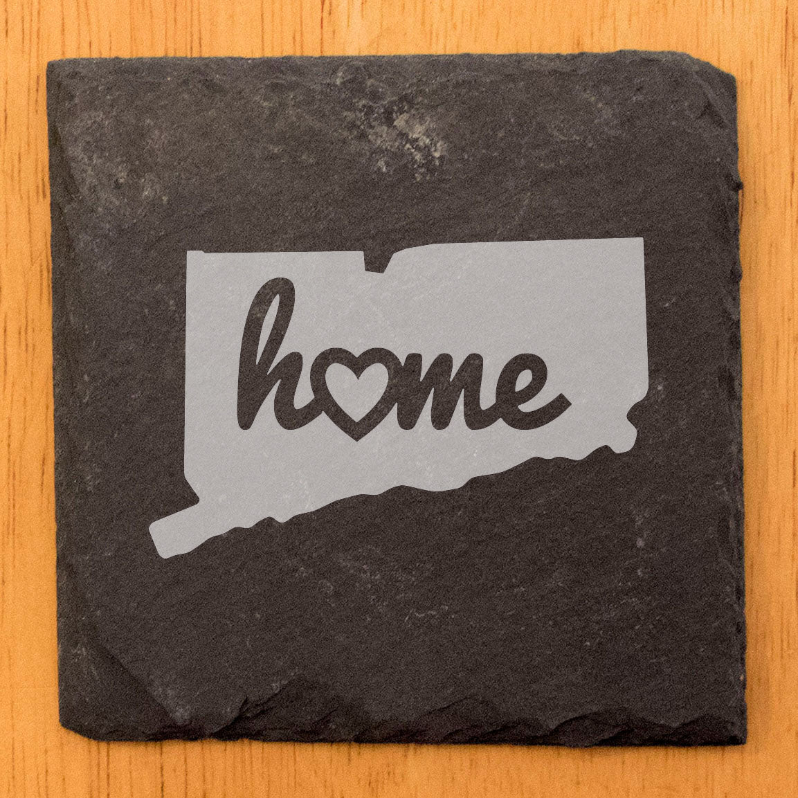 Rustic Slate Coasters Set of 4, Round 4" with Connecticut 'Home' Heart Design, Perfect for Holidays, Birthdays, Housewarming Gifts, She-Shed or Man Cave, Made in Oregon, USA, Natural Chipped Edge