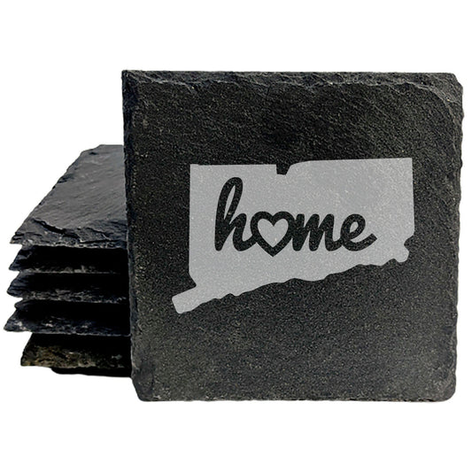 Rustic Slate Coasters Set of 4, Round 4" with Connecticut 'Home' Heart Design, Perfect for Holidays, Birthdays, Housewarming Gifts, She-Shed or Man Cave, Made in Oregon, USA, Natural Chipped Edge