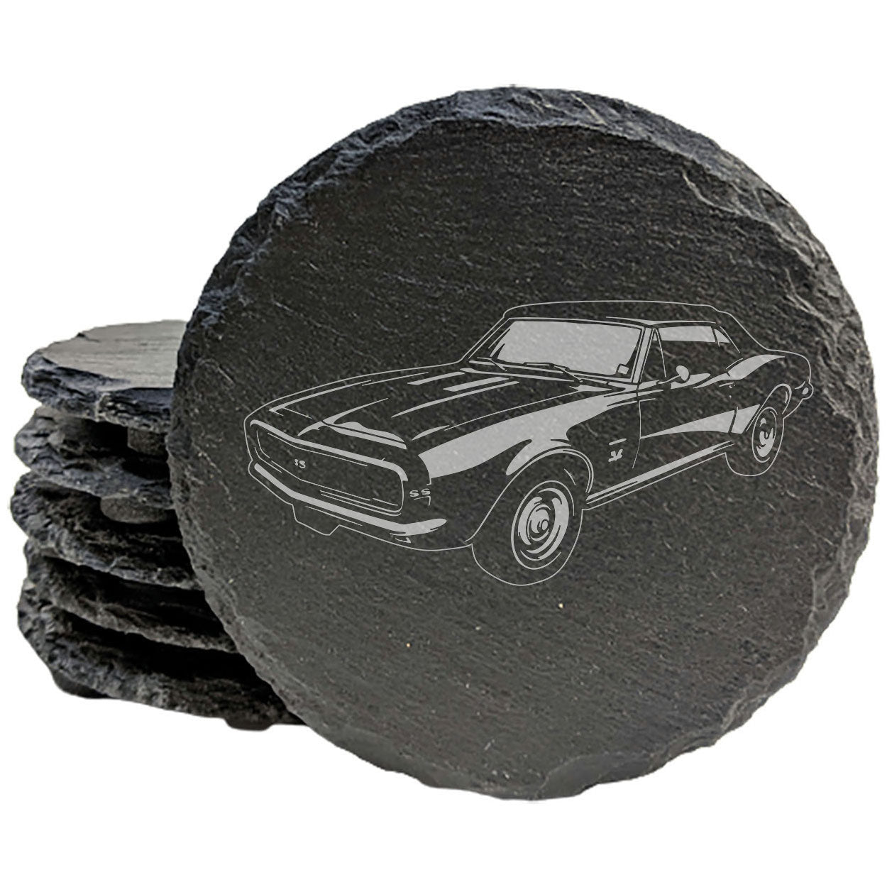 Rustic Gray Slate Coasters Set of 4 with 1967 Chevy Camaro SS 396 Design, Perfect for Holidays, Birthdays, Housewarming, She-Shed or Man Cave, Made in Oregon, USA, 4" Round or Square