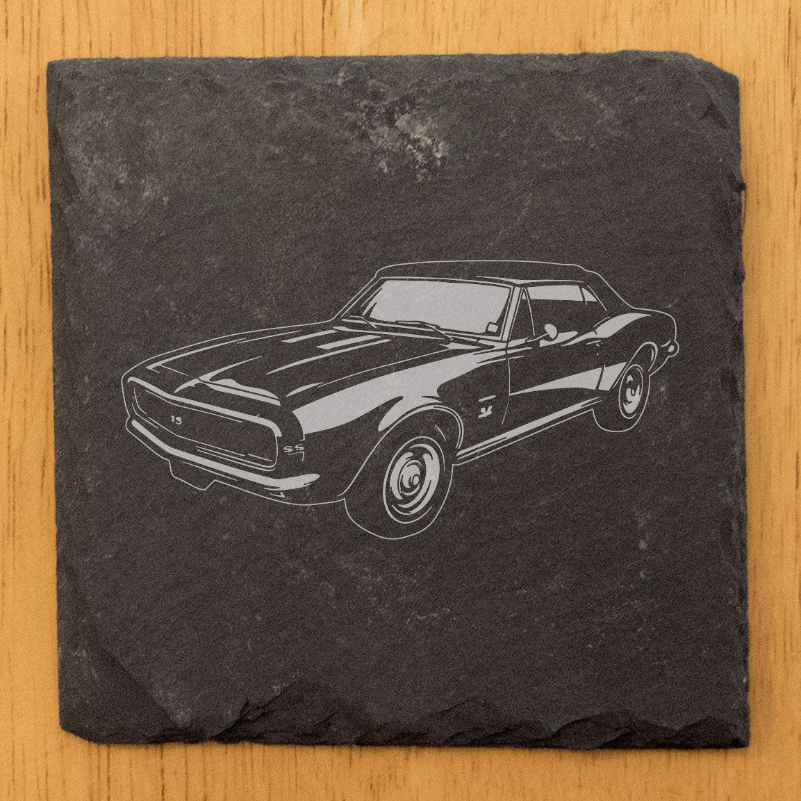 Rustic Gray Slate Coasters Set of 4 with 1967 Chevy Camaro SS 396 Design, Perfect for Holidays, Birthdays, Housewarming, She-Shed or Man Cave, Made in Oregon, USA, 4" Round or Square