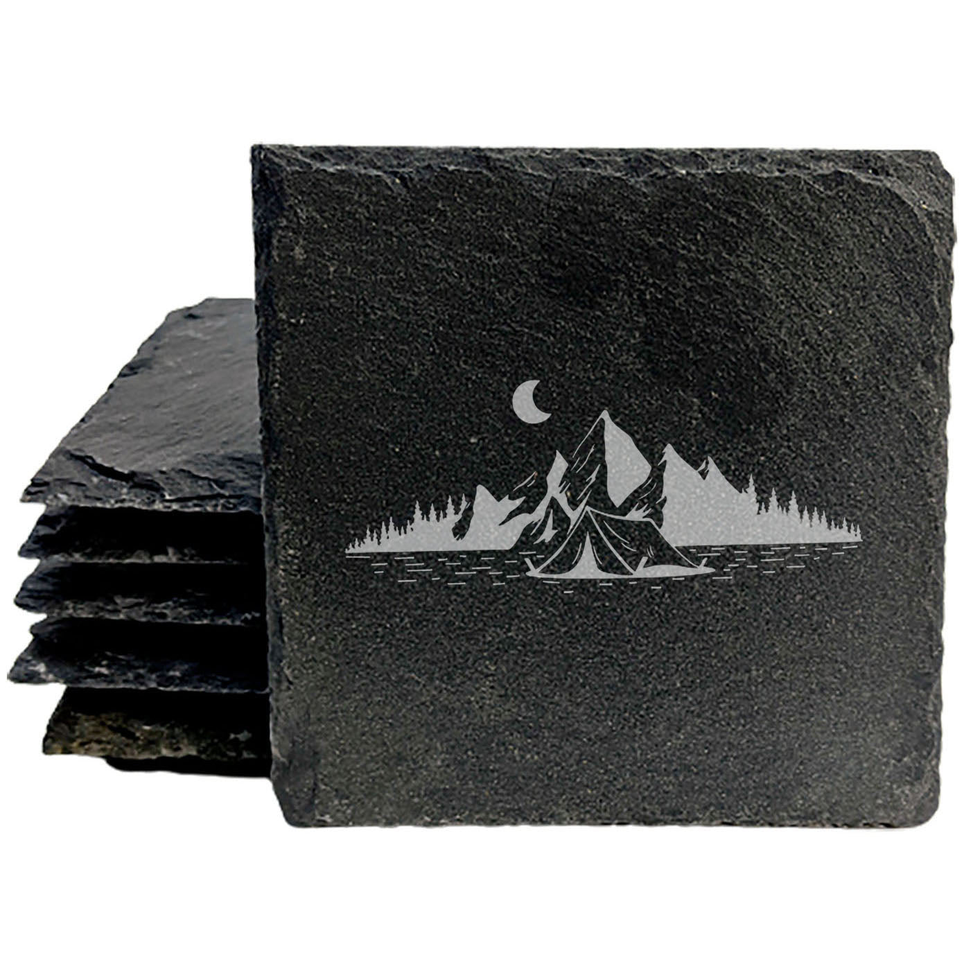 Adventure Awaits: Mountain &amp; Campsite Coasters in Durable Slate