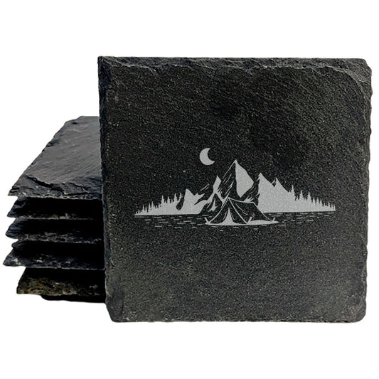 Adventure Awaits: Mountain &amp; Campsite Coasters in Durable Slate
