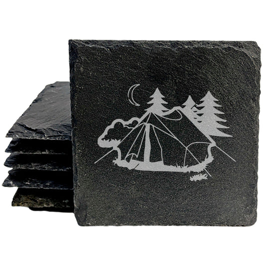 Under the Stars: Rustic Slate Coasters with Laser-Etched Camping Scene