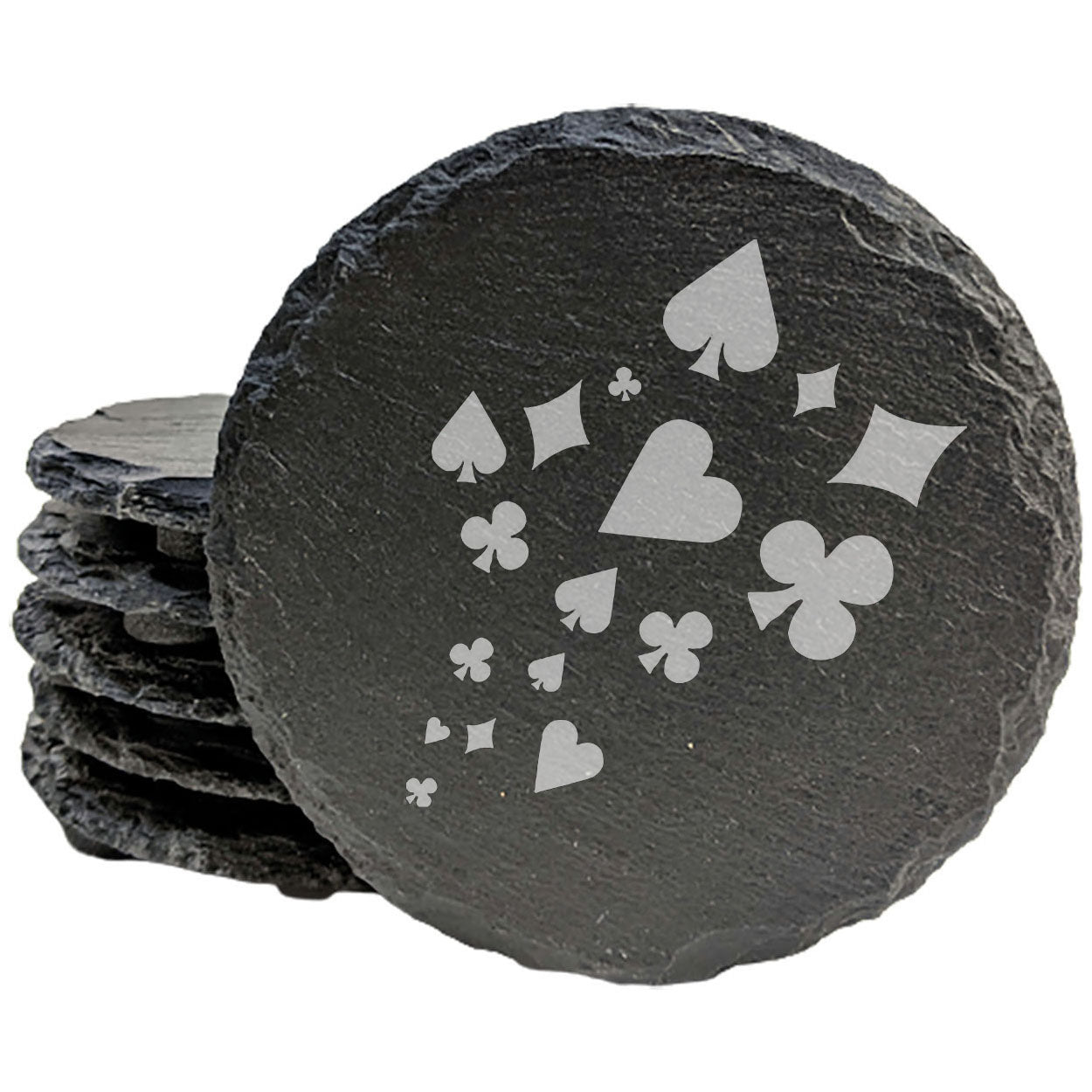 Crafted for Card Sharks: Natural Gray Slate Coasters with Intricate Card Suit Etching