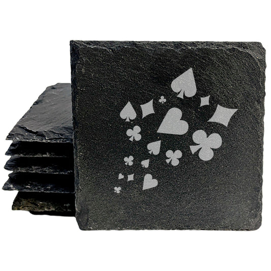 Crafted for Card Sharks: Natural Gray Slate Coasters with Intricate Card Suit Etching