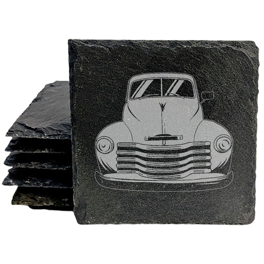 Rustic Slate Coasters with Laser-Etched 1952 Chevy 3100 Pickup Image - Round Set of 4 | Vintage Car Enthusiast Home Decor