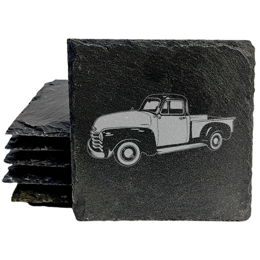 Rustic Slate Coasters Set with 1952 Chevy 3100 Pickup Laser-Etched Image | Protect Surfaces, Chipped Edges, Rubber Feet | Home Decor &amp; Drink Coasters