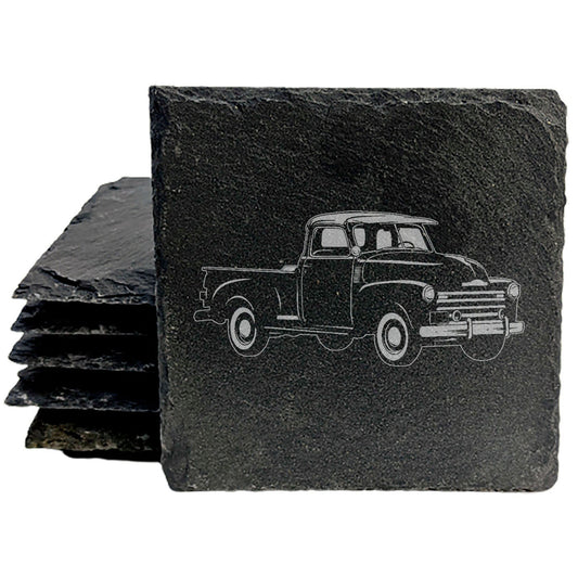 Rustic Slate Coasters Set with Laser-Etched 1952 Chevy 3100 Pickup Image | Protect Surfaces, Chipped Edges, Rubber Feet | Vintage Car Enthusiast Gift &amp; Home Decor