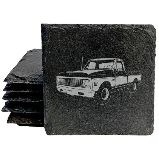 Rustic Slate Coasters Set with Laser-Etched 1971 Chevy C10 Pickup Image | Home Decor Drink Coasters for Car Enthusiasts