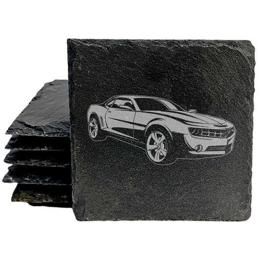Chevy Camaro DC Rustic Slate Coasters Set | Chipped Edges, Rubber Feet | Laser Etched Car Image | Protects Surfaces | Home Decor Drink Mats | Round Slate - set of 4