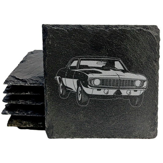 Rustic Gray Slate Coasters Set of 4 with 1969 Chevy Camaro Z38 Design, Perfect for Gifts, Holidays, Birthdays, Housewarming, She-Shed, Man Cave, Made in Oregon, USA, 4" Round or Square