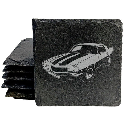 Rustic Slate Coasters Set with Laser-Etched Chevy Camaro Z28 Image - Unique Car Enthusiast Drink Mats for Home Decor