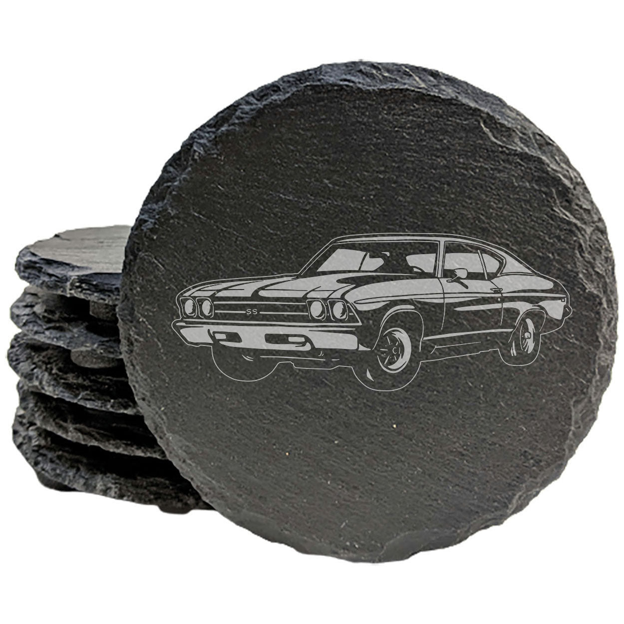 Rustic Gray Slate Coasters Set of 4 with 1969 Chevy Chevelle SS F235 Design, Perfect Gift for Holidays, Birthdays, Housewarming, She-Shed or Man Cave, Made in Oregon, USA, 4" Round or Square