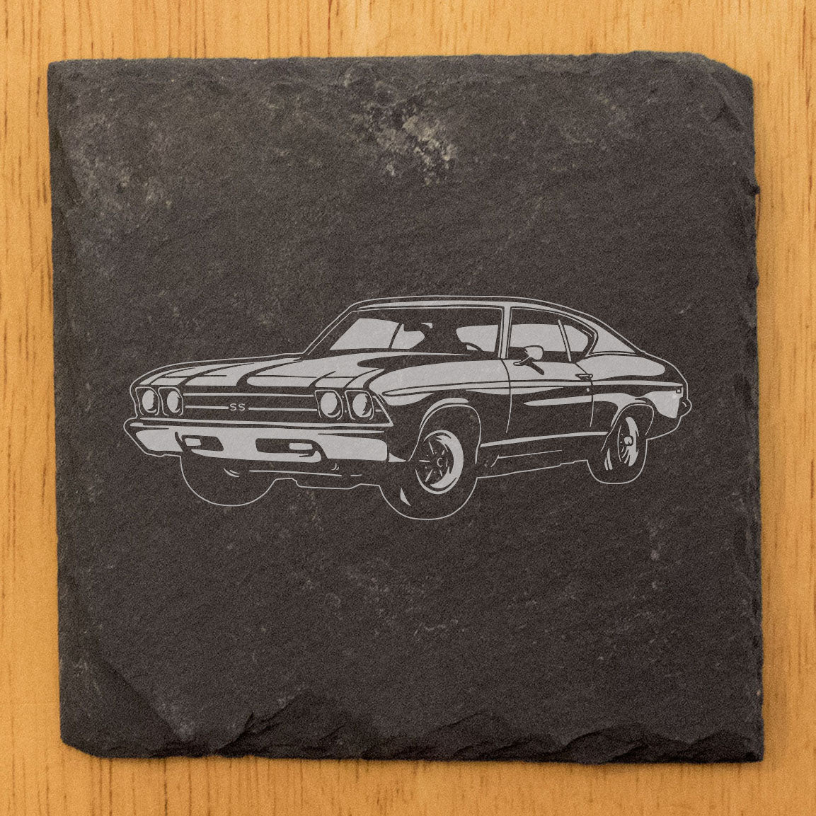 Rustic Gray Slate Coasters Set of 4 with 1969 Chevy Chevelle SS F235 Design, Perfect Gift for Holidays, Birthdays, Housewarming, She-Shed or Man Cave, Made in Oregon, USA, 4" Round or Square