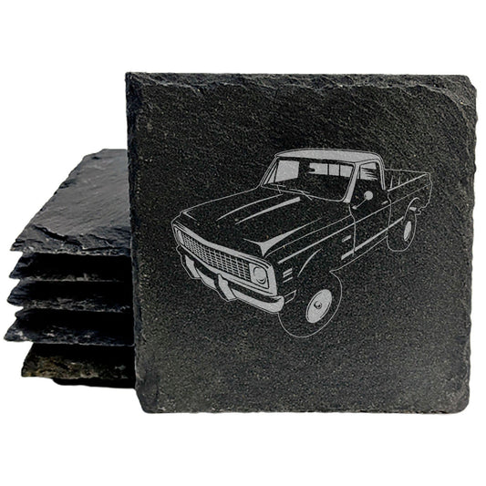 Rustic Slate Coasters Set with Laser-Etched 1970 Chevy K10 Pickup Image | Chipped Edges, Rubber Feet | Vintage Car Enthusiast Gift &amp; Home Decor
