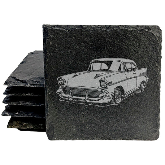 Set of Rustic Slate Coasters with Laser-Etched 57 Chevy Bel Air Design - Vintage Car Enthusiast Home Decor Drink Mats