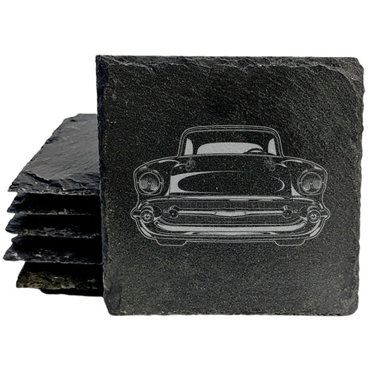 Vintage Rustic Slate Coasters Set with 1950's Chevy Bel Air Design - Laser Etched, Durable Drink Coasters for Car Enthusiasts and Home Decor
