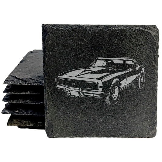Rustic Gray Slate Coasters Set of 4 with 1967 Chevy Camaro Design, Perfect for Holidays, Birthdays, Housewarming, She-Shed or Man Cave, Made in Oregon, USA, 4" Round or Square, Gift-Ready Box