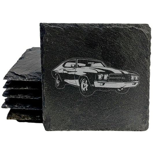 Rustic Gray Slate Coasters Set of 4 with 1970 Chevy Chevelle SS 454 Design, Perfect for Holidays, Birthdays, Housewarming, She-Shed or Man Cave, Made in Oregon, USA, Round 4 Inch Diameter