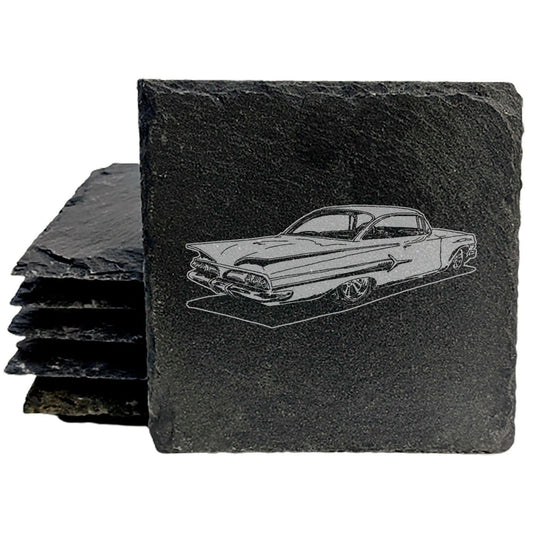 1960 Chevy Impala Design Rustic Slate Coasters Set - Laser-Etched Drink Coasters for Home Decor