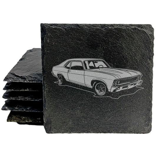 Set of Rustic Slate Coasters with Laser-Etched 1969 Chevy Nova Design | Drink Coasters for Car Enthusiasts and Home Decor