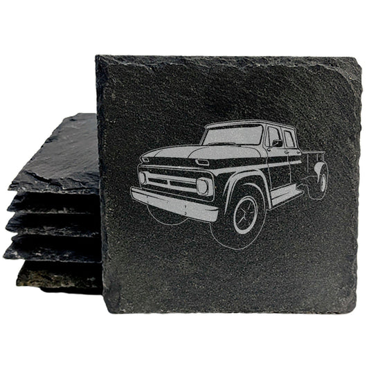 Rustic Slate Coasters Set with Laser-Etched Chevy C60 Pickup Design | Protective Rubber Feet | Vintage Car Enthusiast Home Decor