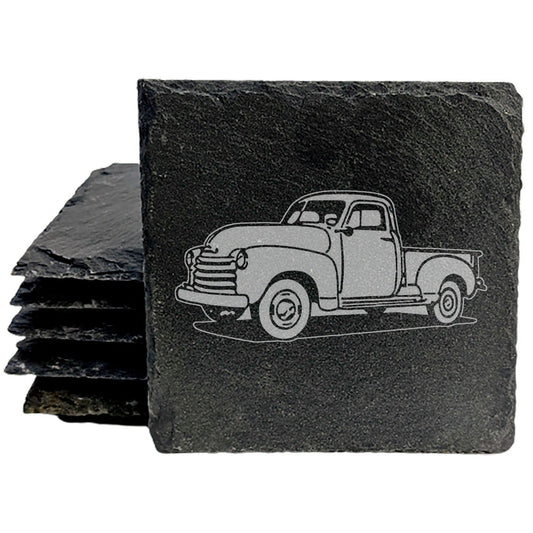 Rustic Slate Coasters Set with Laser-Etched Classic Chevy Truck Design - Home Decor Drink Mats