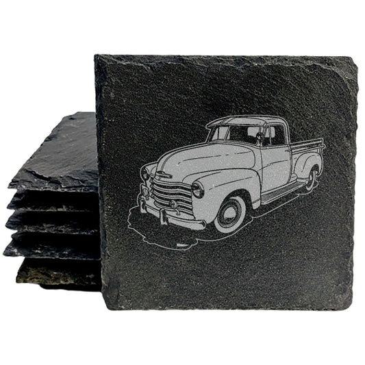 Rustic Slate Coasters Set with Laser-Etched Classic Chevy Truck Design - Drink Coasters for Home Decor &amp; Car Enthusiasts