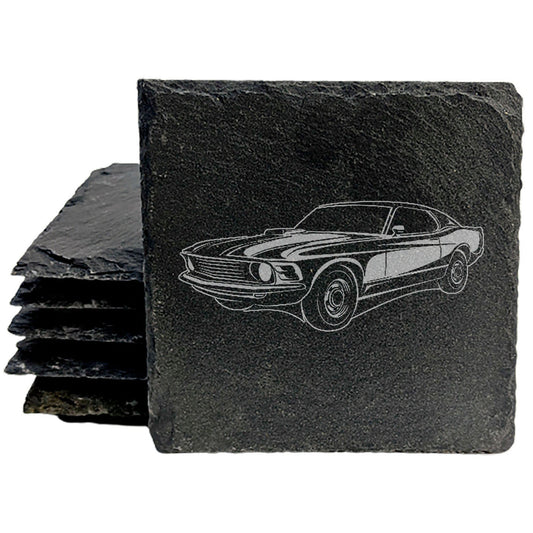 Rustic Slate Coasters Set with Laser Etched Classic Muscle Car Design - Protective Rubber Feet - Home Decor &amp; Drink Coasters
