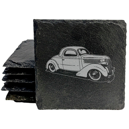 Set of Rustic Slate Coasters - Laser Etched 36 Coupe Design - Vintage Car Enthusiast Drink Coasters - Protect Surfaces with Style!