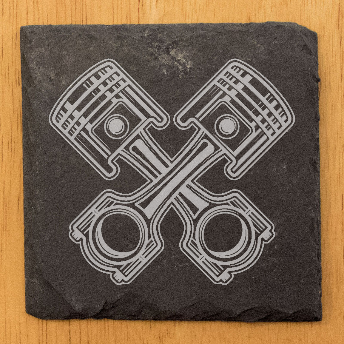 Rev Up Your Decor: Stylish Gray Slate Coasters with Crossed Pistons