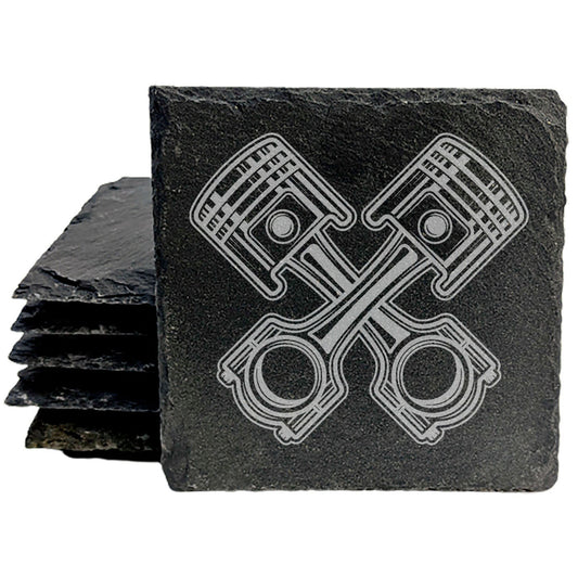 Rev Up Your Decor: Stylish Gray Slate Coasters with Crossed Pistons