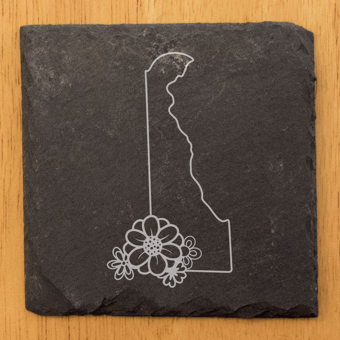 Rustic Slate Coasters Set of 4 - Delaware State Outline with Flower Design, 4" Round or Square, Natural Chipped Edge, Rubber Feet, , Perfect for She-Shed or Man Cave, Made in USA