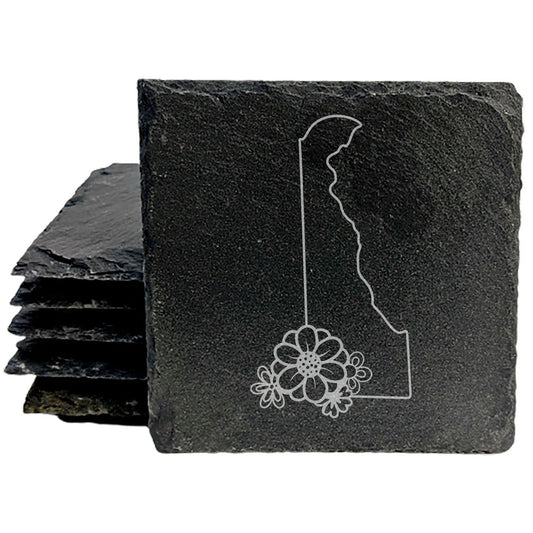 Rustic Slate Coasters Set of 4 - Delaware State Outline with Flower Design, 4" Round or Square, Natural Chipped Edge, Rubber Feet, , Perfect for She-Shed or Man Cave, Made in USA