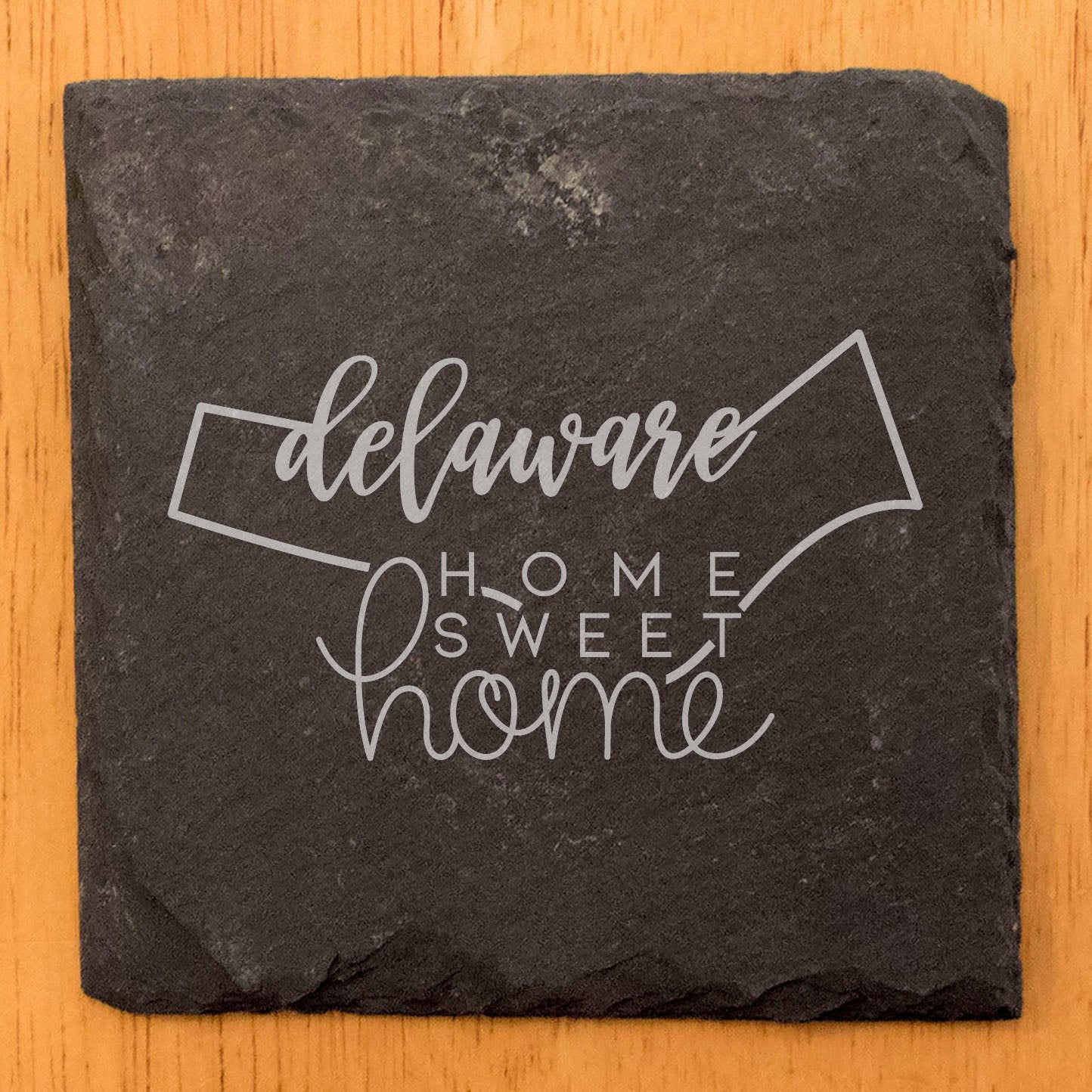 Rustic Slate Coasters Set of 4, Round 4" with Delaware 'Home Sweet Home' Design, Perfect Gift for Holidays, Birthdays, Housewarming, She-Shed, Man Cave, Made in Oregon, USA, Natural Chipped Edge