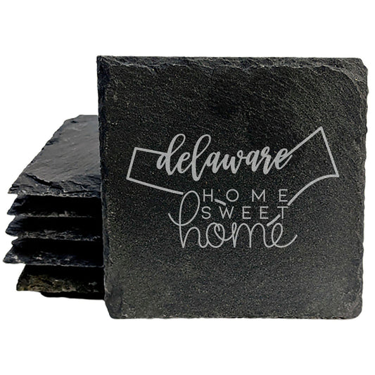 Rustic Slate Coasters Set of 4, Round 4" with Delaware 'Home Sweet Home' Design, Perfect Gift for Holidays, Birthdays, Housewarming, She-Shed, Man Cave, Made in Oregon, USA, Natural Chipped Edge