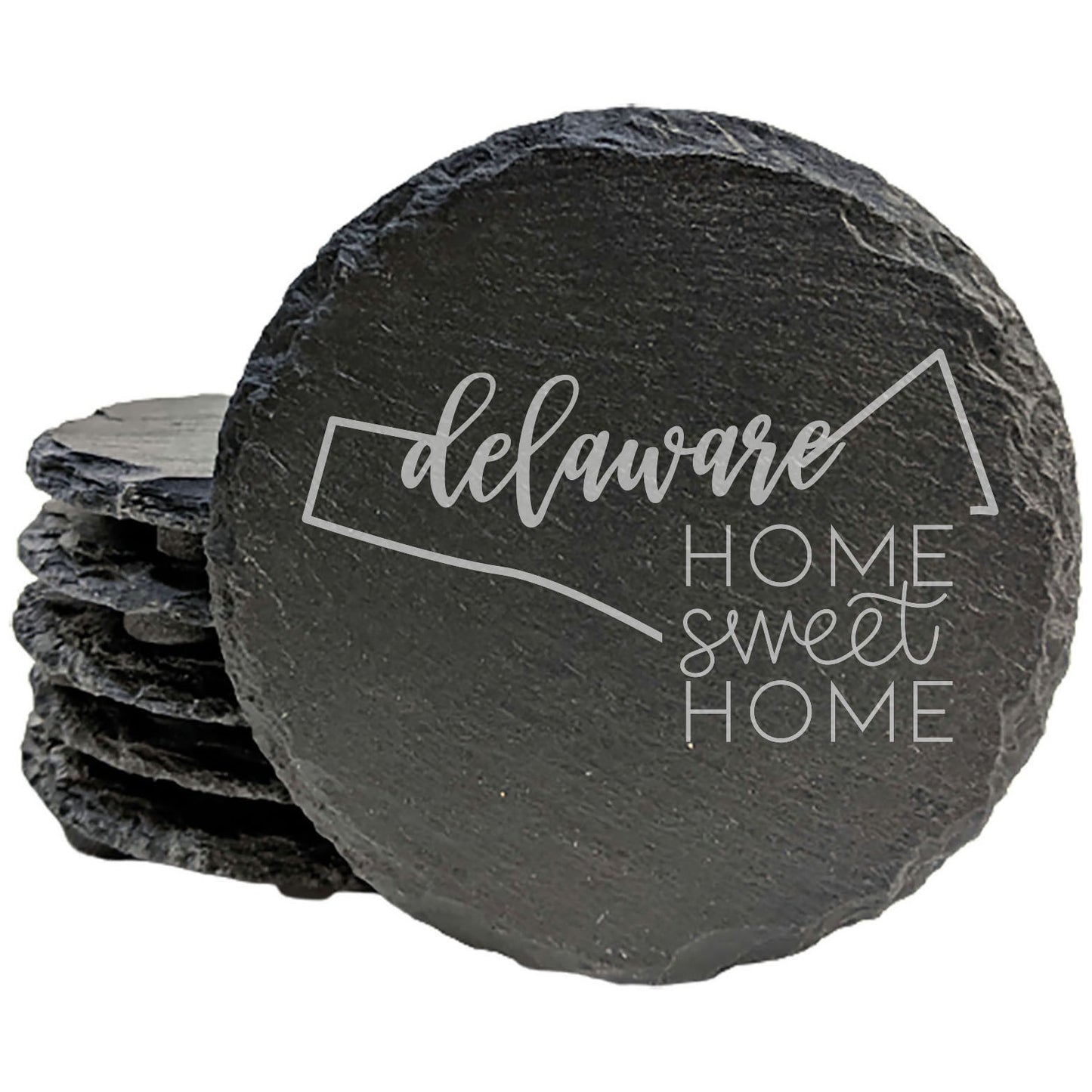 Rustic Slate Coasters Set of 4, Round 4" with Delaware 'Home Sweet Home' Design, Perfect Gift for Holidays, Birthdays, Housewarming, She-Shed, Man Cave, Made in Oregon, USA, Natural Chipped Edge