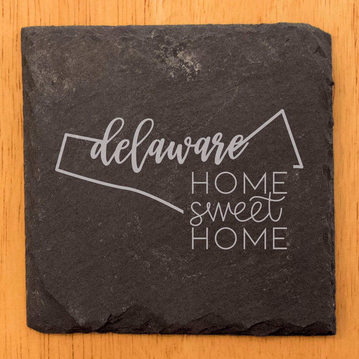 Rustic Slate Coasters Set of 4, Round 4" with Delaware 'Home Sweet Home' Design, Perfect Gift for Holidays, Birthdays, Housewarming, She-Shed, Man Cave, Made in Oregon, USA, Natural Chipped Edge