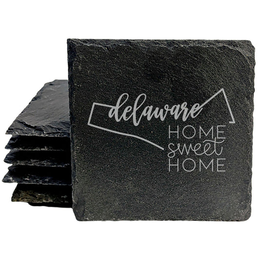 Rustic Slate Coasters Set of 4, Round 4" with Delaware 'Home Sweet Home' Design, Perfect Gift for Holidays, Birthdays, Housewarming, She-Shed, Man Cave, Made in Oregon, USA, Natural Chipped Edge