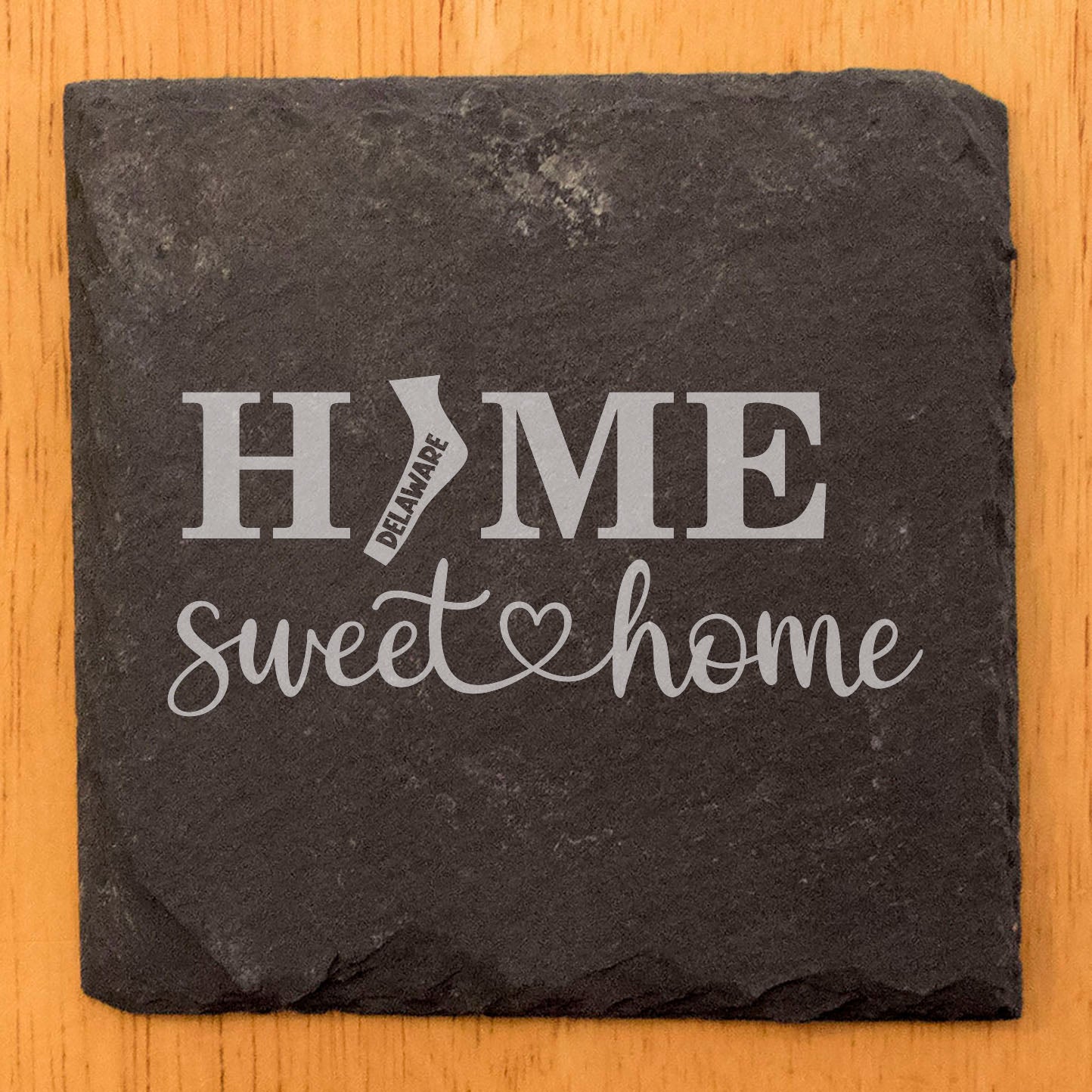 Rustic Slate Coasters Set of 4, 4" Round, Laser Etched 'HOME SWEET HOME' Delaware Design, Natural Chipped Edge, Rubber Feet, , Perfect for Holidays, Birthdays, Housewarming, USA Made