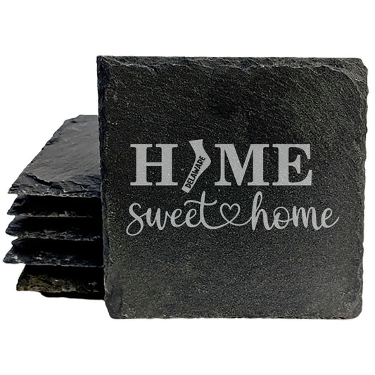 Rustic Slate Coasters Set of 4, 4" Round, Laser Etched 'HOME SWEET HOME' Delaware Design, Natural Chipped Edge, Rubber Feet, , Perfect for Holidays, Birthdays, Housewarming, USA Made