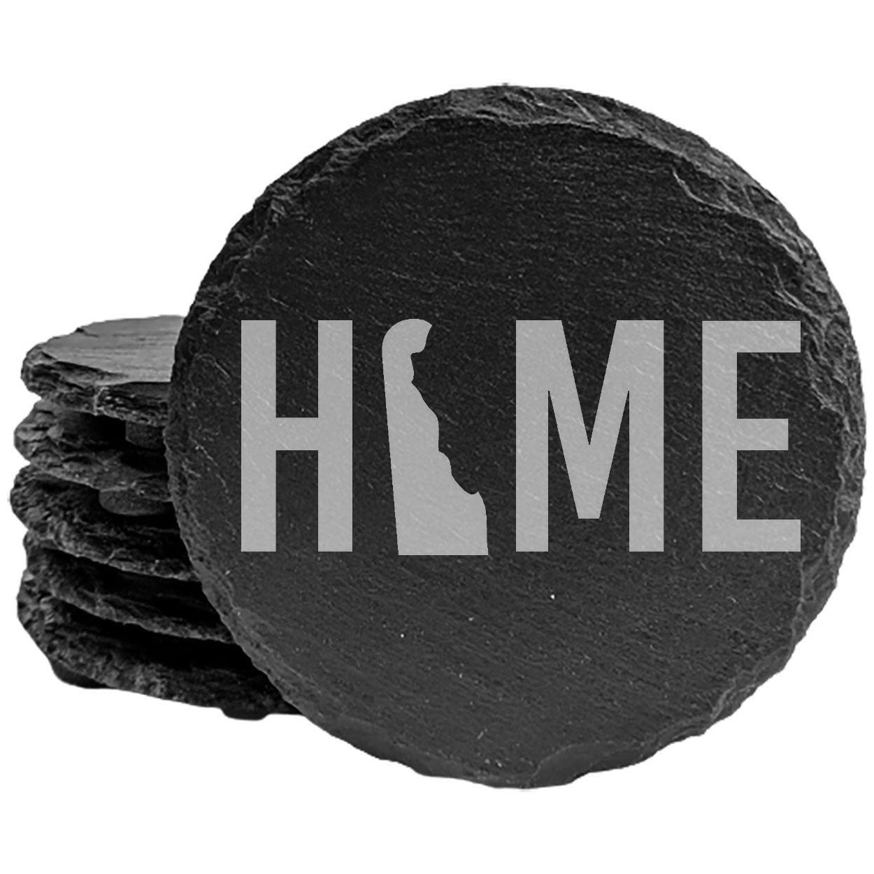 Rustic Slate Coasters Set of 4, Laser Etched 'HOME' Design with Delaware State, 4" Round, Natural Chipped Edge, Rubber Feet, , Perfect for Holidays, Birthdays, Housewarming, USA Made