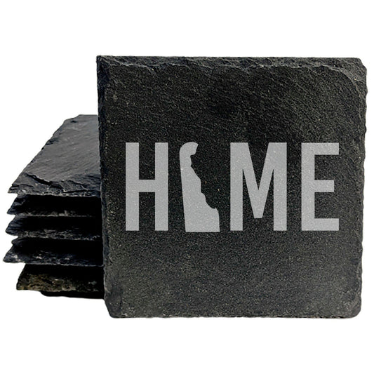 Rustic Slate Coasters Set of 4, Laser Etched 'HOME' Design with Delaware State, 4" Round, Natural Chipped Edge, Rubber Feet, , Perfect for Holidays, Birthdays, Housewarming, USA Made