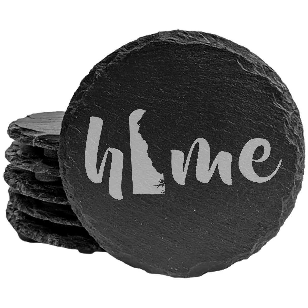 Rustic Slate Coasters Set of 4 - Laser Etched 'Home' Design with Delaware State - Perfect Gift for Holidays, Birthdays, Housewarming - 4" Round/Square - Made in Oregon, USA - Natural Chipped Edge