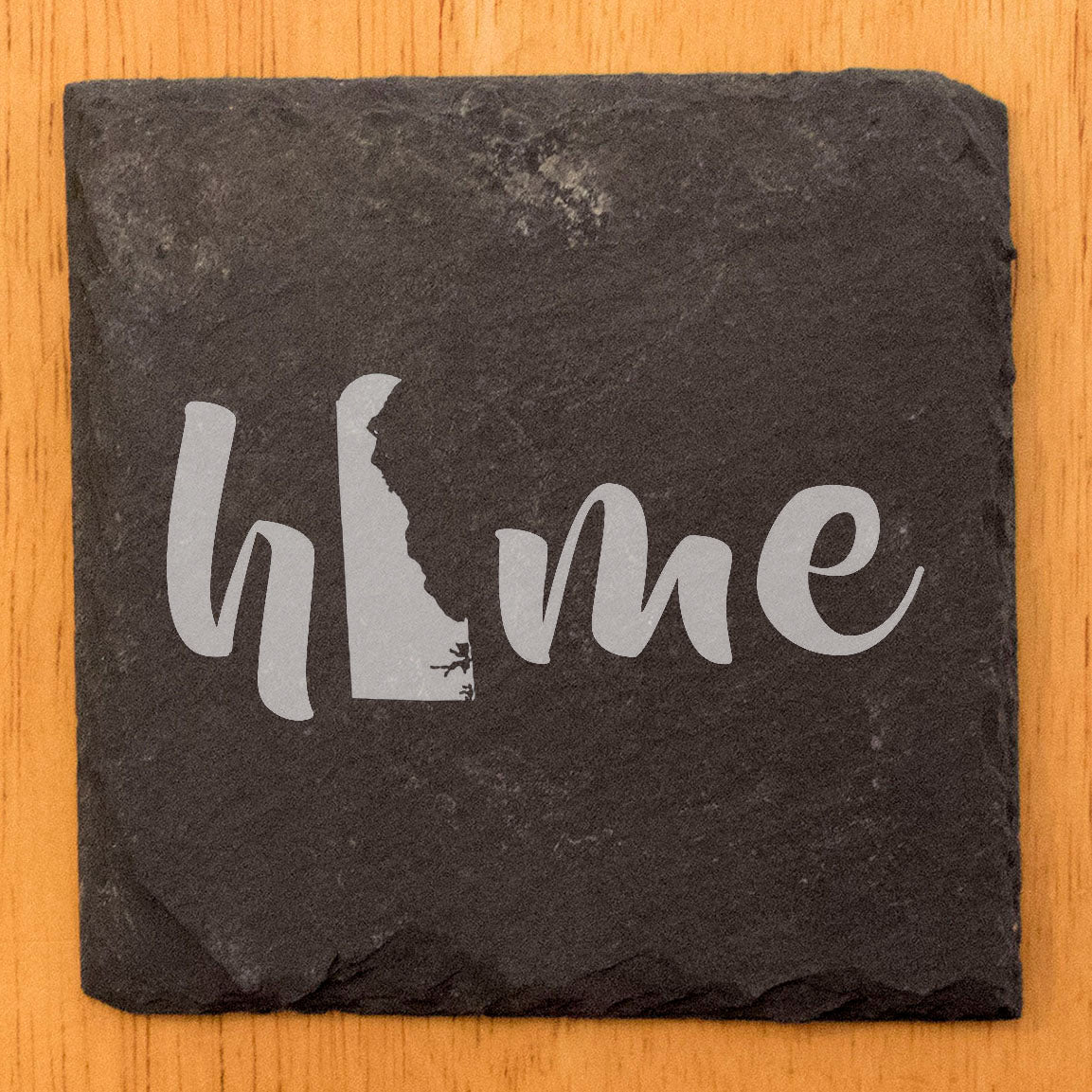 Rustic Slate Coasters Set of 4 - Laser Etched 'Home' Design with Delaware State - Perfect Gift for Holidays, Birthdays, Housewarming - 4" Round/Square - Made in Oregon, USA - Natural Chipped Edge